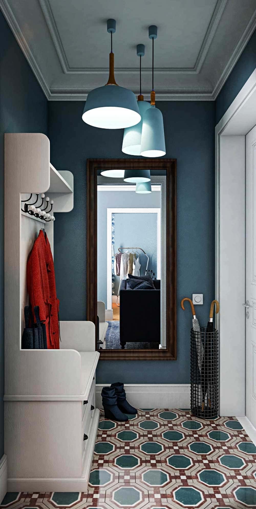 halle-entree-chic-en-bleu-petrole Hall d'entrée chic et cosy en bleu pétrole clair