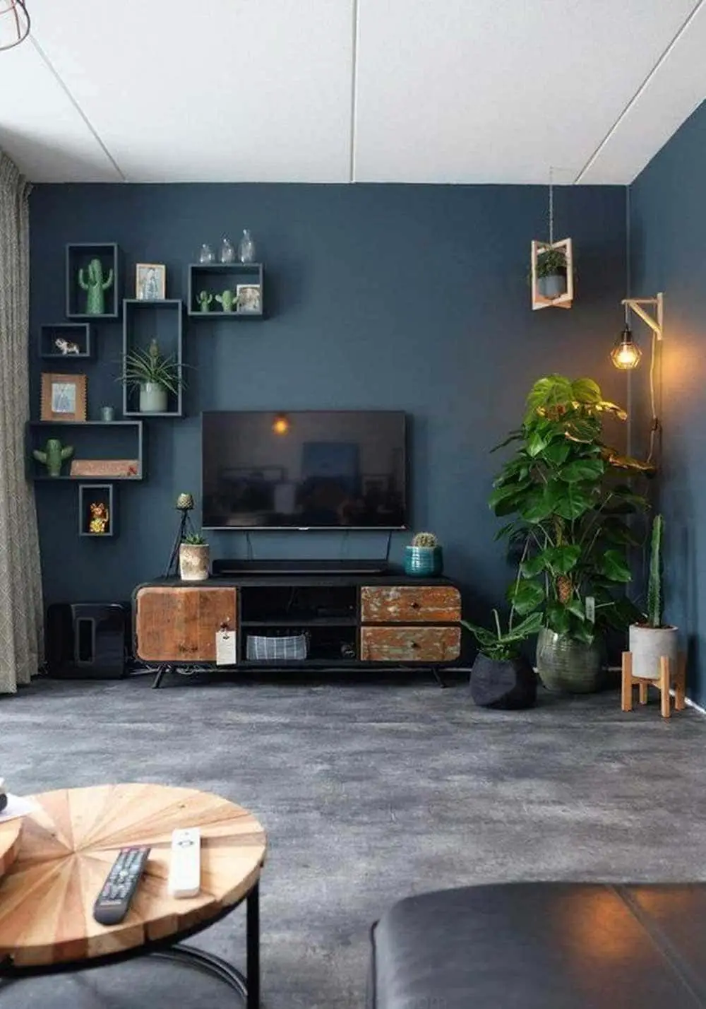 Salon moderne meublé de mobilier design aux murs bleu pétrole