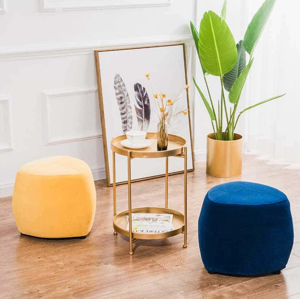 idee-pouf-rond-jaune-et-bleu Idée de pouf rond en velours jaune et bleu - Decorazine.fr